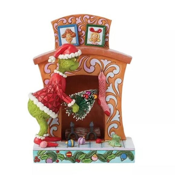 Jim Shore GRINCH PUSHING TREE UP FIREPLACE FIGURINE 6015214 BRAND NEW - Picture 1 of 2